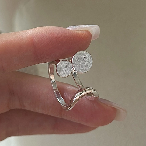 S925 Sterling Silver Double Layer Geometric Ring For Women Minimalist Brushed Texture Wave Open Adjustable Band Fashion Finger Jewelry