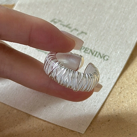Anello Aperto Regolabile in Argento Sterling 925 Stile Coreano Minimalista Texture Avvolta Metallo Spazzolato Gioielli Donna