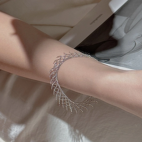 Bracciale con Nappe in Pizzo Minimalista in Argento Sterling 925 Vintage Design a Maglia Traforata Gioielli Donna Stile Coreano