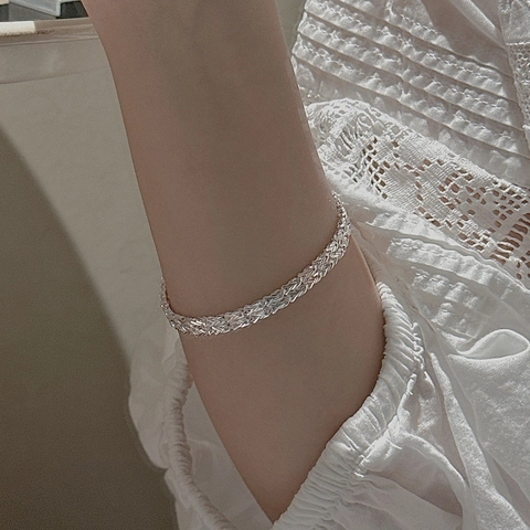 999 Fine Silver Woven Bracelet For Women Korean Minimalist Geometric Fishbone Texture Hand Chain Adjustable Jewelry Gift