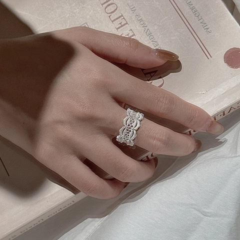 925 Sterling Silver Retro Lace Hollow Out Ring For Women Minimalist Geometric Adjustable Open Finger Ring Korean Style Jewelry