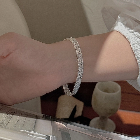 Bracciale S999 Argento Sterling Multistrato Intrecciato a Griglia a Rombi per Donna Minimalista Retrò Scintillante Regolabile