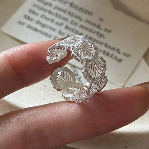 925 Sterling Silver Lace Texture Hollow-out Fan Shaped Open Ring For Women Minimalist Vintage Adjustable Jewelry Ring