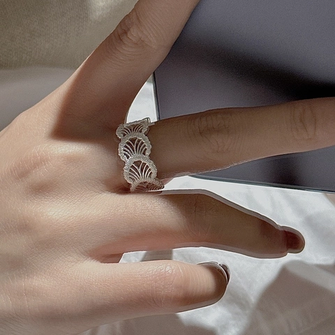 925 Sterling Silver Lace Texture Hollow-out Fan Shaped Open Ring For Women Minimalist Vintage Adjustable Jewelry Ring