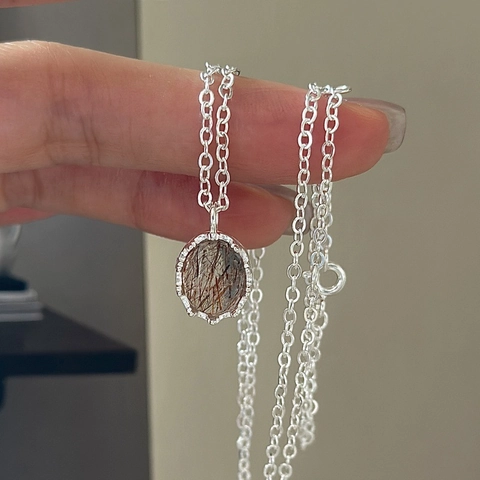 Collana in Argento Sterling 925 con Quarzo Rutilato per Donna Stile Coreano Ciondolo Gemma Ovale Catena Minimalista Gioielli