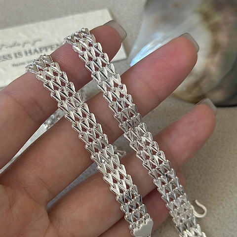 S999 Sterling Silver Multi Row V Shape Interwoven Bracelet With Heart Pendant For Women Retro Minimalist Jewelry Gift