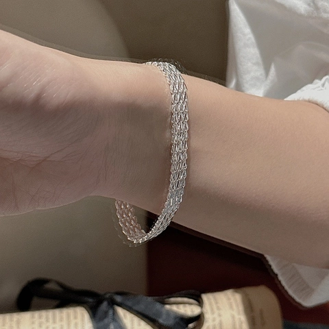 S999 Sterling Silver Multi Row V Shape Interwoven Bracelet With Heart Pendant For Women Retro Minimalist Jewelry Gift