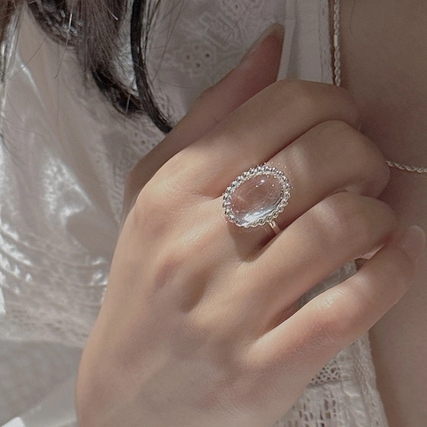 Vintage 925 Sterling Silver Oval White Crystal Open Ring For Women Korean Minimalist Adjustable Milgrain Border Finger Ring Jewelry