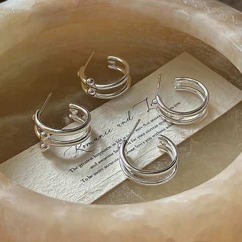 925 Sterling Silver Double Hoop Earrings For Women Minimalist Geometric Round Bead Stud Earrings Vintage Fashion Jewelry Gift