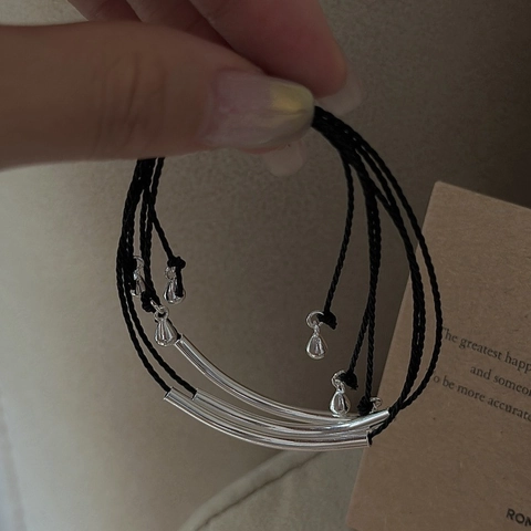 Minimalistisches 925 Sterlingsilber Gebogenes Rohr Armband Für Damen Retro Schwarz Geflochtenes Seil Verstellbarer Wassertropfen Anhänger Schmuck