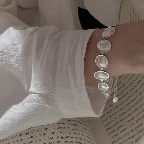 925 Sterling Silver Bracelet For Women Vintage Matte Ellipse Frosted Geometric Chain Adjustable Minimalist Fashion Jewelry Gift