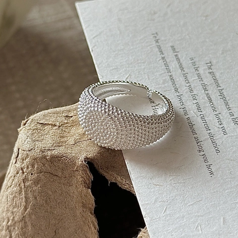 S925 Sterling Silver Ring Beaded Caviar Texture Wide Band Dome Shape Adjustable Open Ring Korean Minimalist Jewelry Women