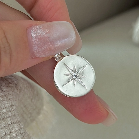 Vintage 925 Sterling Silver Round Star Coin Pendant Necklace For Women Retro Minimalist Rhinestone Compass Medallion Jewelry