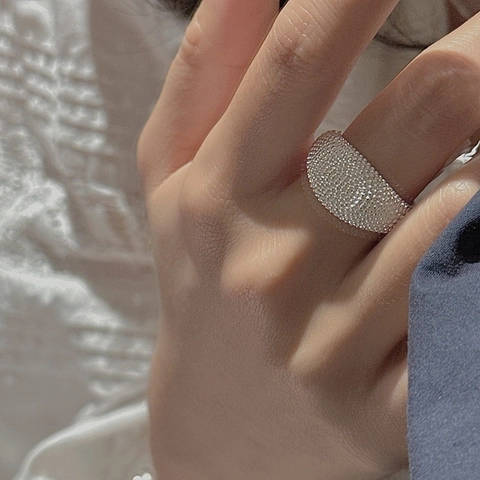 S925 Sterling Silver Ring Beaded Caviar Texture Wide Band Dome Shape Adjustable Open Ring Korean Minimalist Jewelry Women