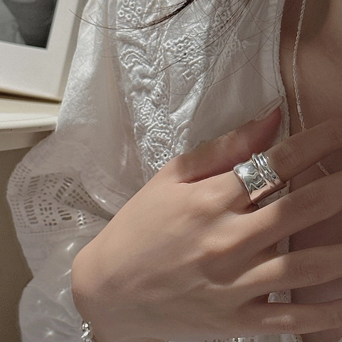 925 Sterlingsilber Breiter Ring Für Damen Unregelmäßige Geschmolzene Lavatextur Verstellbarer Offener Fingerring Nischenschmuck
