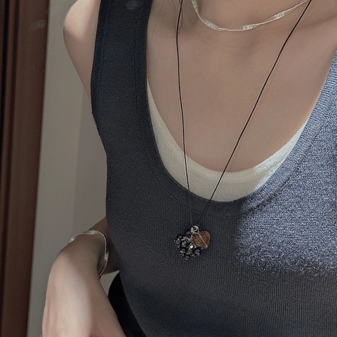 925 Sterling Silver Grape Cluster Heart Necklace Vintage Style Black Cord Long Sweater Chain Amber Resin Pendant Jewelry