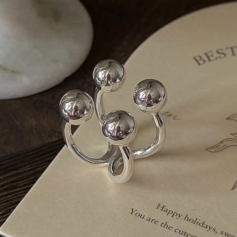 925 Sterling Silver Minimalist Bead Ring For Women Retro Polished Four Ball Geometric Open Adjustable Statement Finger Ring