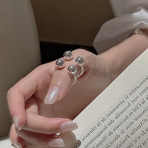 925 Sterling Silver Minimalist Bead Ring For Women Retro Polished Four Ball Geometric Open Adjustable Statement Finger Ring