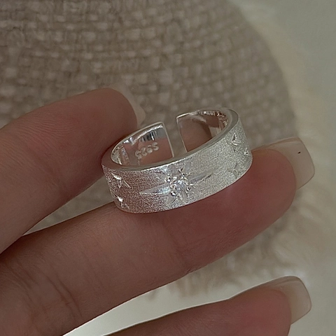 S925 Sterling Zilveren Ster Ring Geborstelde Matte Afwerking Verstelbare Open Ring Ingelegde Strass Sieraden