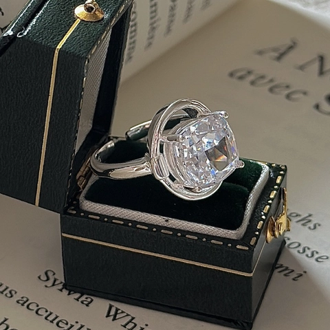 Anillo Abierto Ajustable de Plata de Ley 925 Vintage para Mujer Lujo Diamante de Imitación Cuadrado Incrustado Anillo Joyería