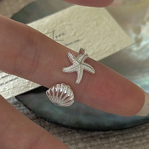 Anello Aperto in Argento Sterling S925 Stella Marina Conchiglia Per Donna Vintage Stile Marino Strass Regolabile Gioielli Anello