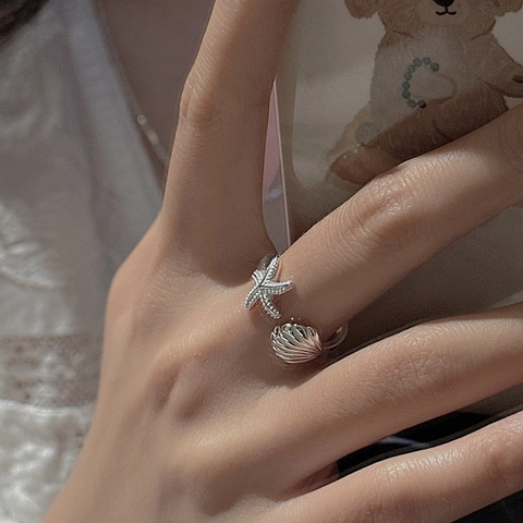 Anello Aperto in Argento Sterling S925 Stella Marina Conchiglia Per Donna Vintage Stile Marino Strass Regolabile Gioielli Anello