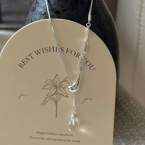 S925 Sterling Silver Water Drop Long Necklace Minimalist Y Shaped Snake Chain Transparent Rhinestone Pendant Sweater Chain For Women