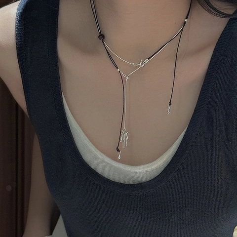 Collana a Catena di Serpente in Argento Sterling 925 Vintage Con Cordino Intrecciato Nero Collana Lunga a Forma di Y Minimalista da Donna