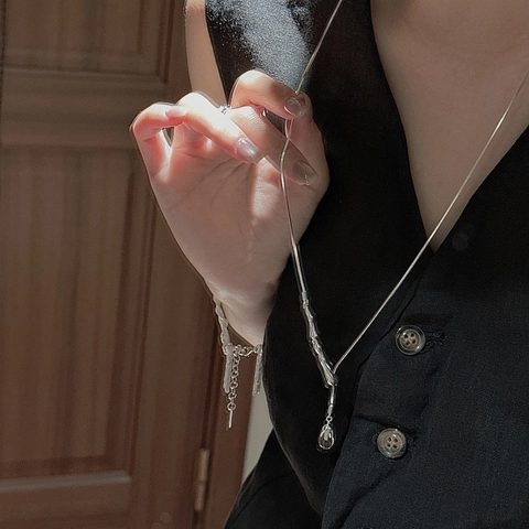 S925 Sterling Silver Water Drop Long Necklace Minimalist Y Shaped Snake Chain Transparent Rhinestone Pendant Sweater Chain For Women