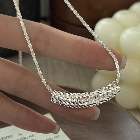 925 Sterling Silver Sparkle CNC Curved Tube Pendant Necklace For Women Minimalist Vintage Korean Style Clavicle Chain Jewelry