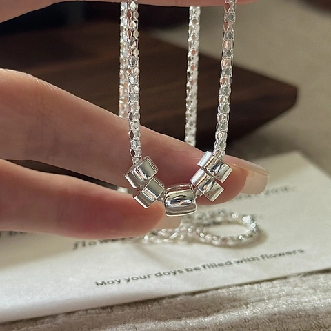 Collana Pendente a Cinque Perle in Argento Sterling 925 Minimalista da Donna Gioielli con Catena Popcorn Retrò