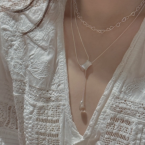 Collana con Ciondolo a Goccia in Argento Sterling 925 per Donna Texture Metallo Spazzolato Catena Lunga Minimalista Gioielli Strass