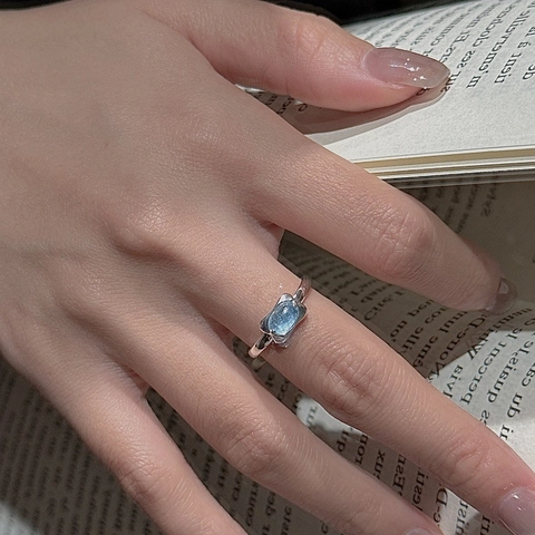 925 Sterling Silver Vintage Adjustable Open Ring With Blue Rhinestone Elegant Minimalist Finger Ring For Women Jewelry Gift