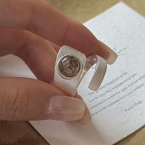 Anillo Ajustable Abierto de Plata de Ley 925 Vintage para Mujer Minimalista Textura Cepillada Anillo con Piedra Preciosa Cuarzo Rutilado Redonda Joyería