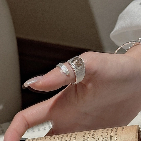 Anillo Ajustable Abierto de Plata de Ley 925 Vintage para Mujer Minimalista Textura Cepillada Anillo con Piedra Preciosa Cuarzo Rutilado Redonda Joyería