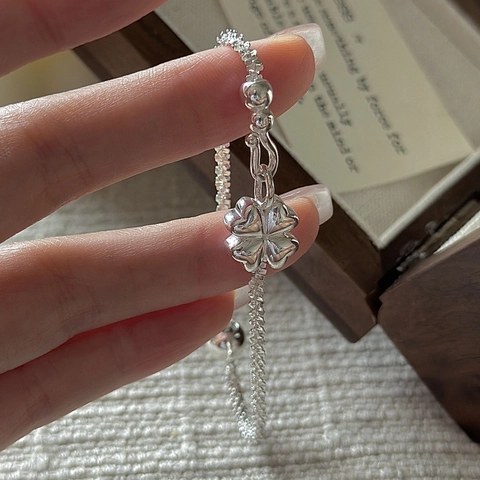 925 Sterling Silver Bracelet With Lucky Four Leaf Clover Pendant Sparkling Beads Korean Niche Style For Women