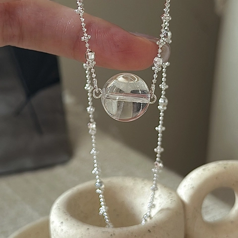 Collana S925 Argento Sterling Vintage Con Ciondolo a Sfera in Cristallo Bianco Per Donna Elegante Minimalista Gioielli