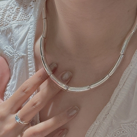 925 Sterling Silver Cylindrical Bamboo Tube Chain Necklace For Women Retro Minimalist Electroplated Silver Choker Jewelry