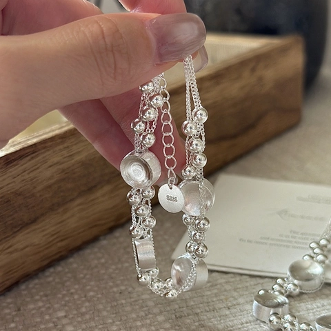 Bracciale Multistrato in Argento Sterling 925 con Perline da Donna Gioielli a Mano con Ciondolo a Disco Geometrico Minimalista