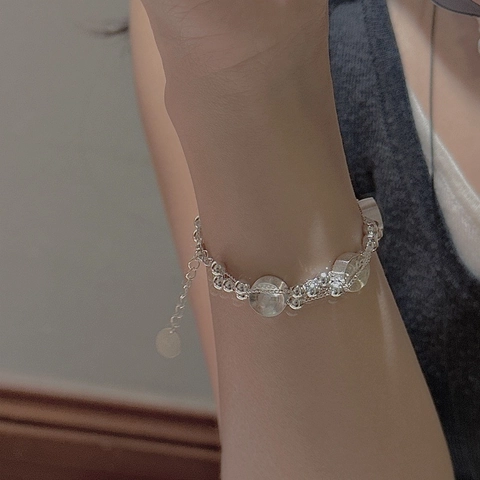 Bracciale Multistrato in Argento Sterling 925 con Perline da Donna Gioielli a Mano con Ciondolo a Disco Geometrico Minimalista