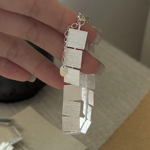 Vintage 925 Sterling Silver Bracelet For Women Minimalist Brushed Texture Geometric Square Link Adjustable Hand Jewelry Gift