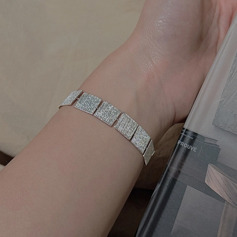 Vintage 925 Sterling Silver Bracelet For Women Minimalist Brushed Texture Geometric Square Link Adjustable Hand Jewelry Gift
