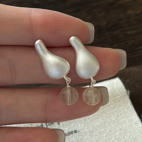 925 Sterling Silver Matte Teardrop Earrings Minimalist Irregular Geometric Stud Earrings With Transparent Rutilated Quartz Bead For Women