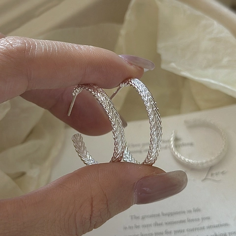 Vintage 925 Sterling Silver Hand Woven Hoop Earrings And Ring For Women Minimalist Geometric Wheat Texture Fashion Jewelry