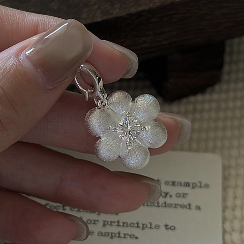 Collar de Pendentif de Flor de Plata de Ley 925 para Mujer Minimalista Coreano Textura Cepillada Strass Joyería