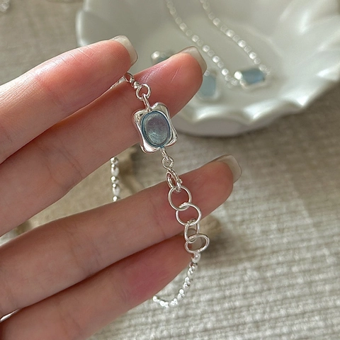Vintage 925 Sterling Silver Bracelet For Women Aquamarine Color Rhinestone Geometric Adjustable Bead Chain Korean Niche Style Jewelry
