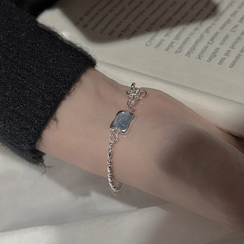 Vintage 925 Sterling Silver Bracelet For Women Aquamarine Color Rhinestone Geometric Adjustable Bead Chain Korean Niche Style Jewelry