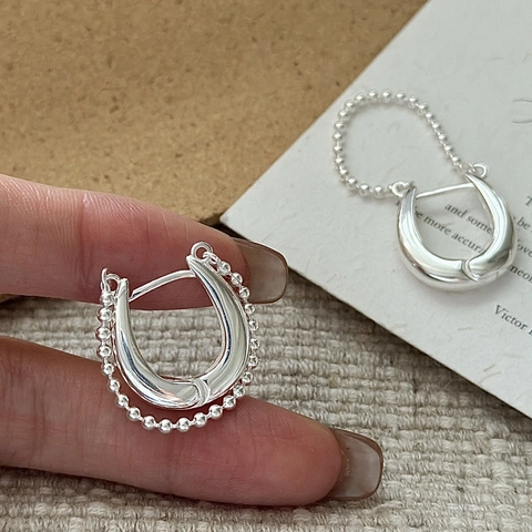 925 Sterling Silver U-Shaped Horseshoe Hoop Earrings With Bead Chain Tassel Minimalist Korean Fashion Jewelry For Women Gift