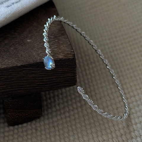 Brazalete Retorcido de Plata de Ley 925 para Mujer Vintage Minimalista Strass Azul Abierto Ajustable Pulsera Joyería de Moda