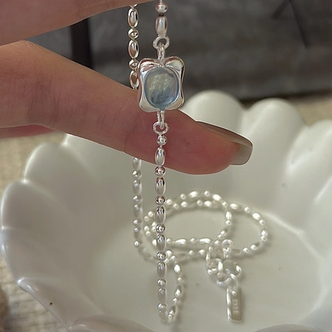 S925 Sterling Silver Minimalist Aquamarine Style Rhinestone Pendant Necklace Korean Fashion Beaded Chain Choker For Women Jewelry